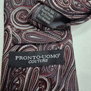 Pronto Uomo Couture Neck Tie Black Burgundy Silver Paisley 100% Silk